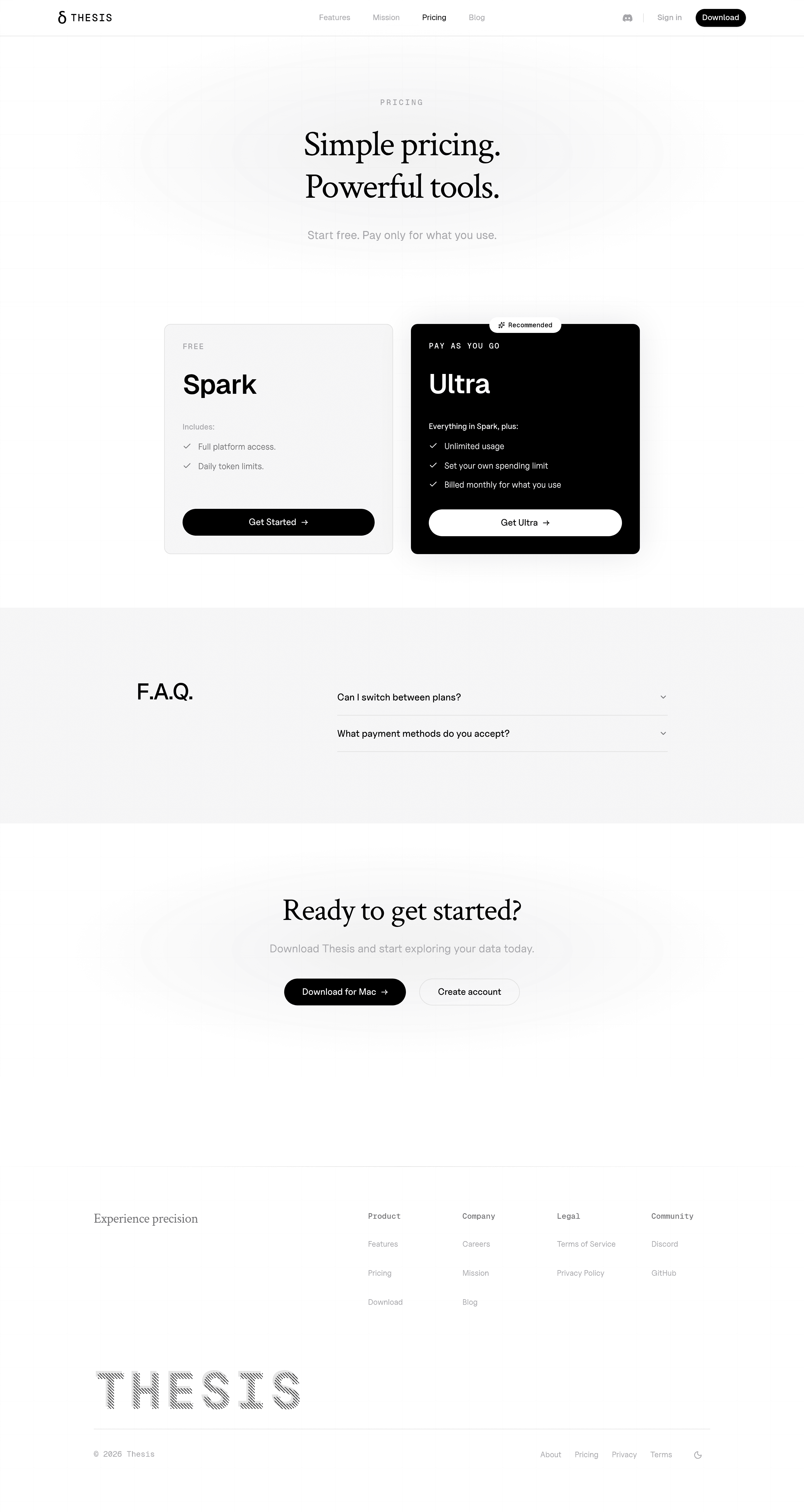 Thesis pricing page screenshot