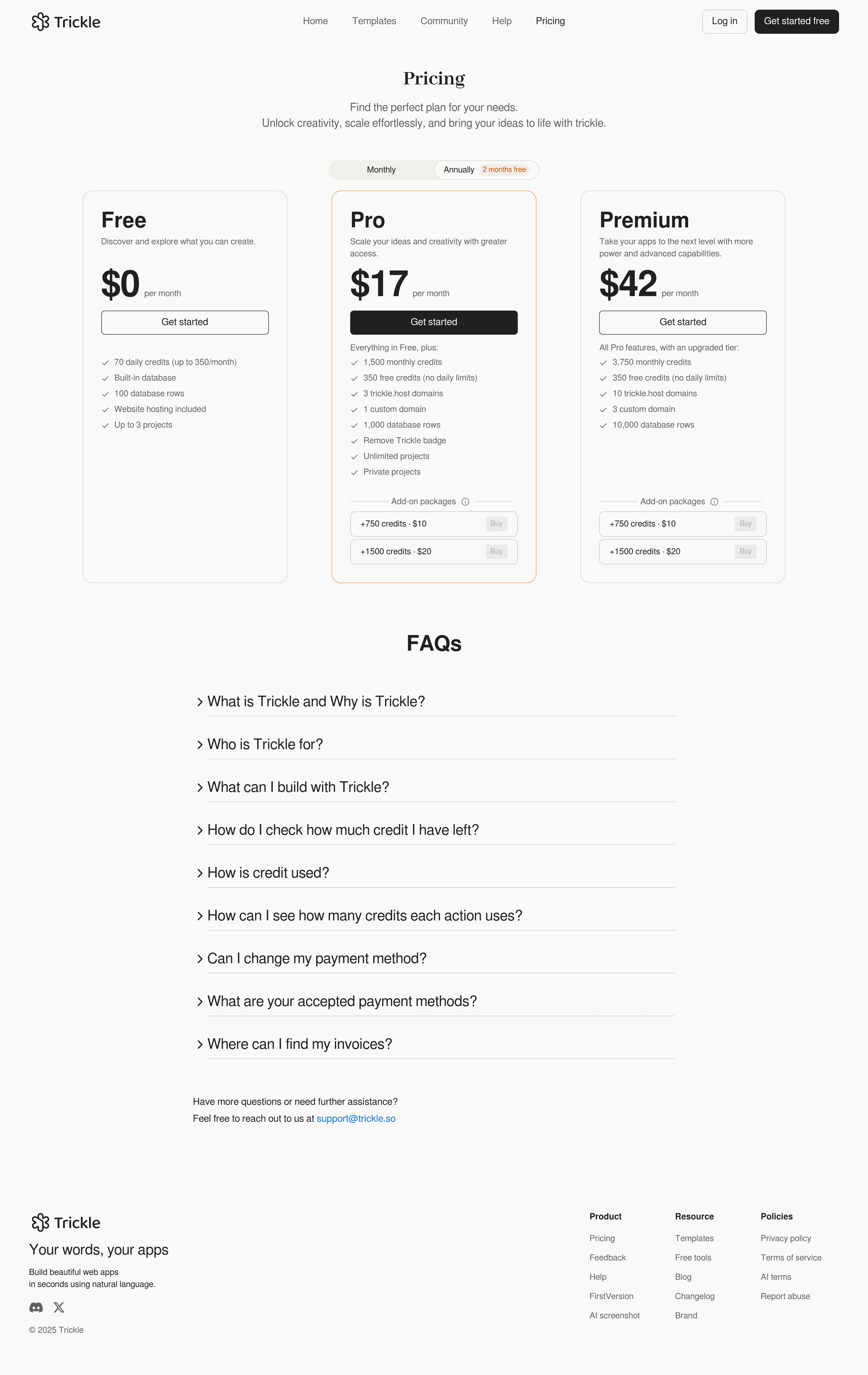 Trickle pricing page screenshot
