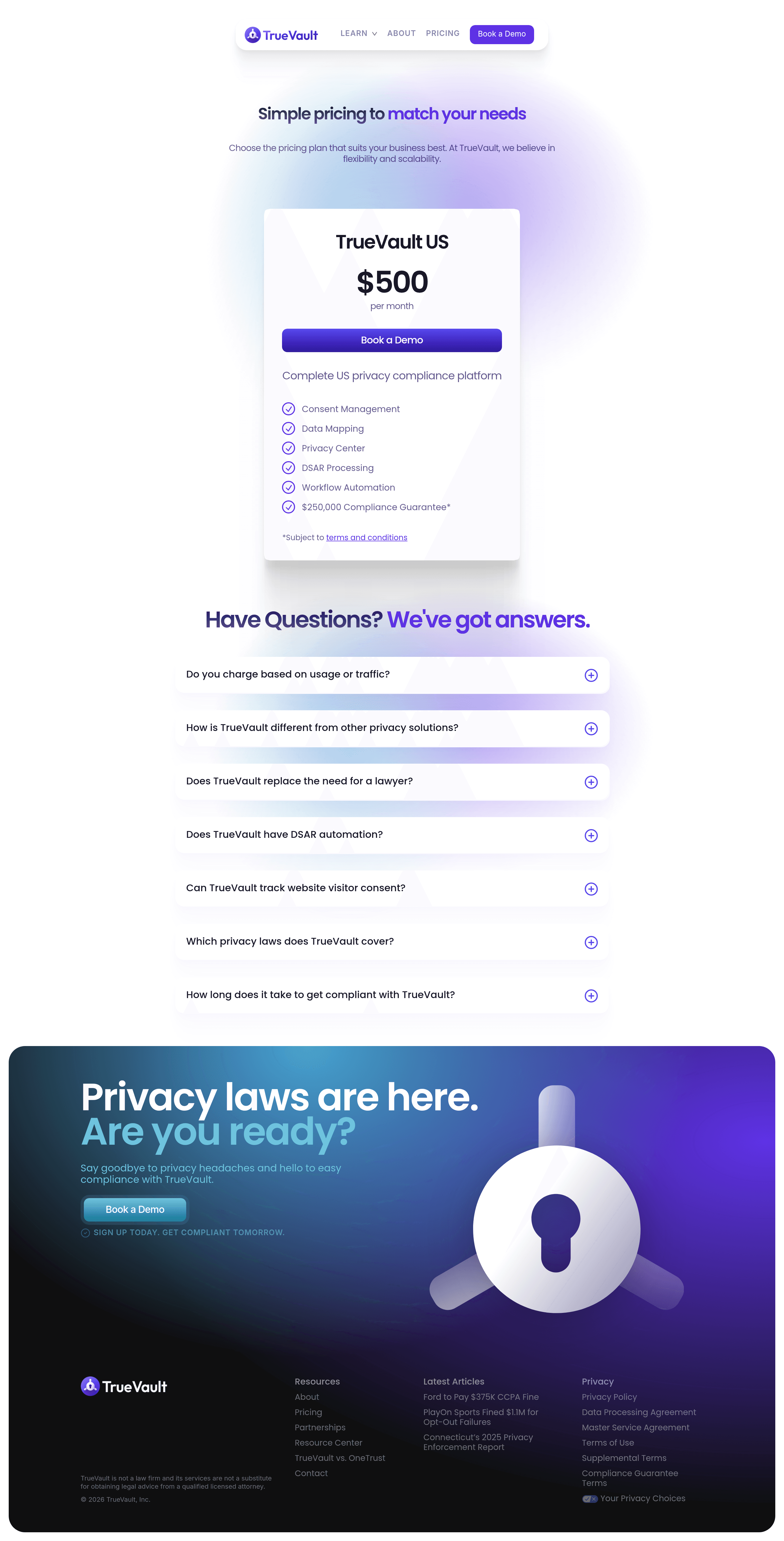 TrueVault pricing page screenshot