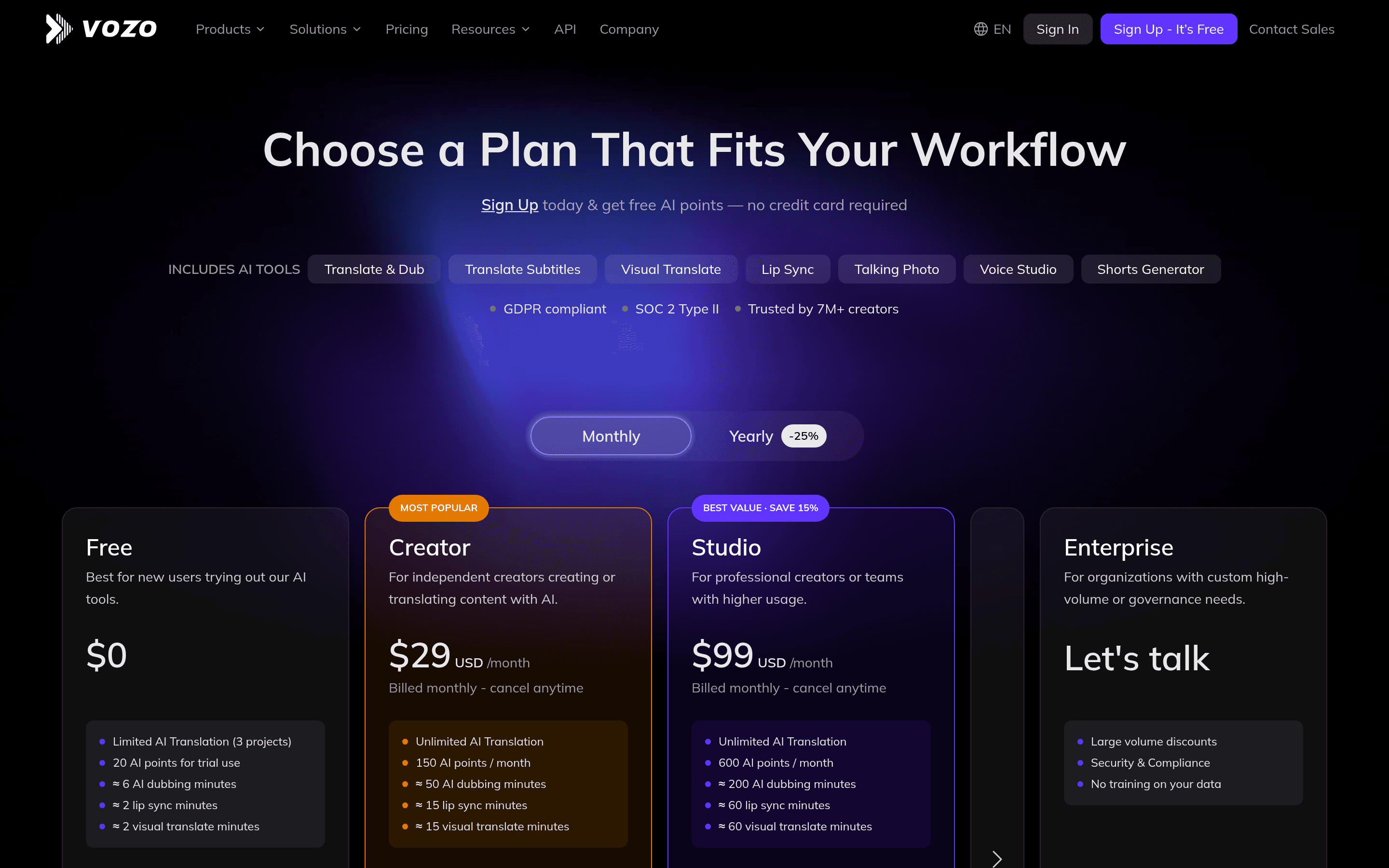 Vozo Video Translator pricing page screenshot