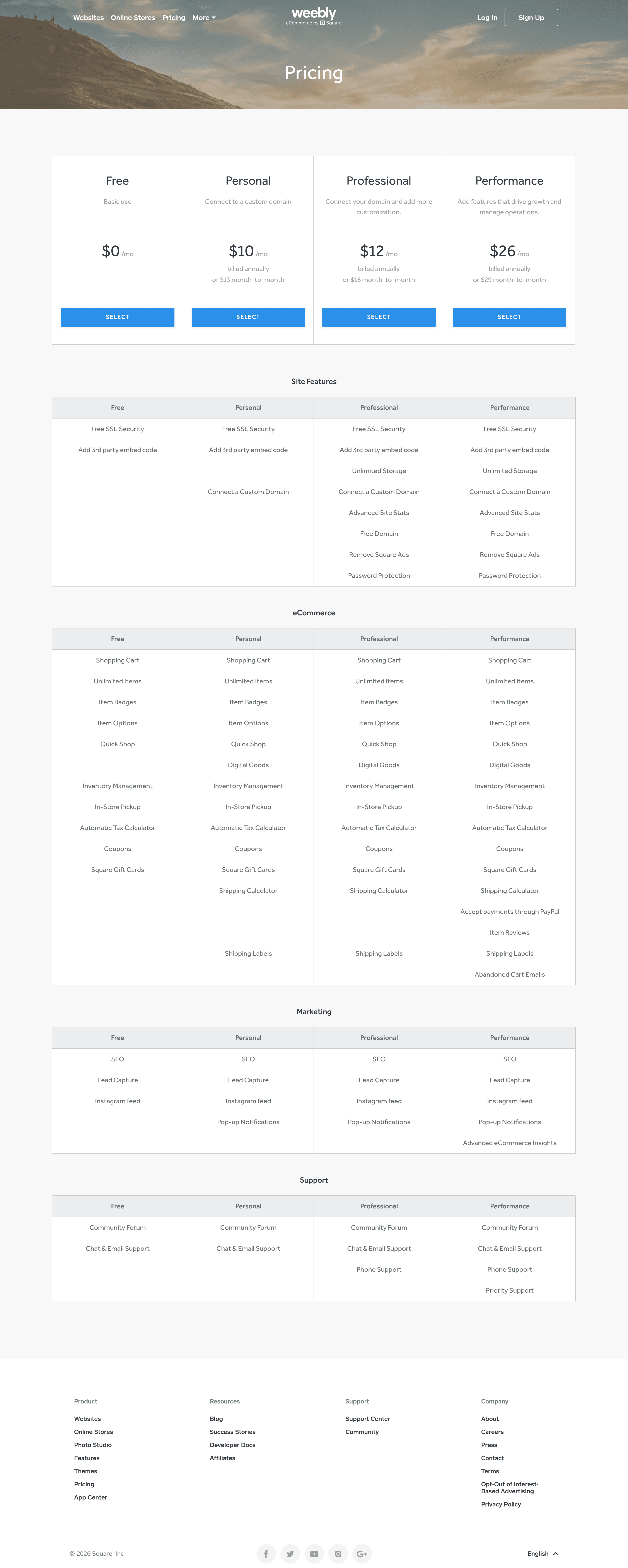 Weebly pricing page screenshot