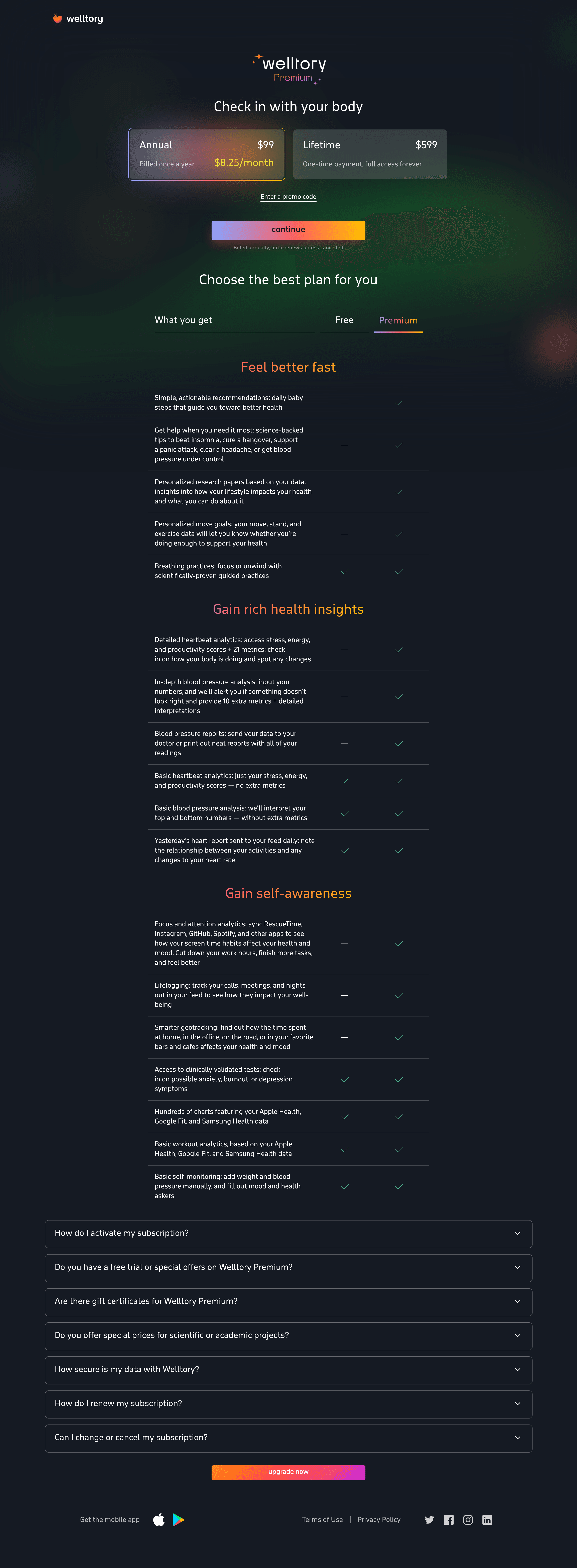 Welltory pricing page screenshot