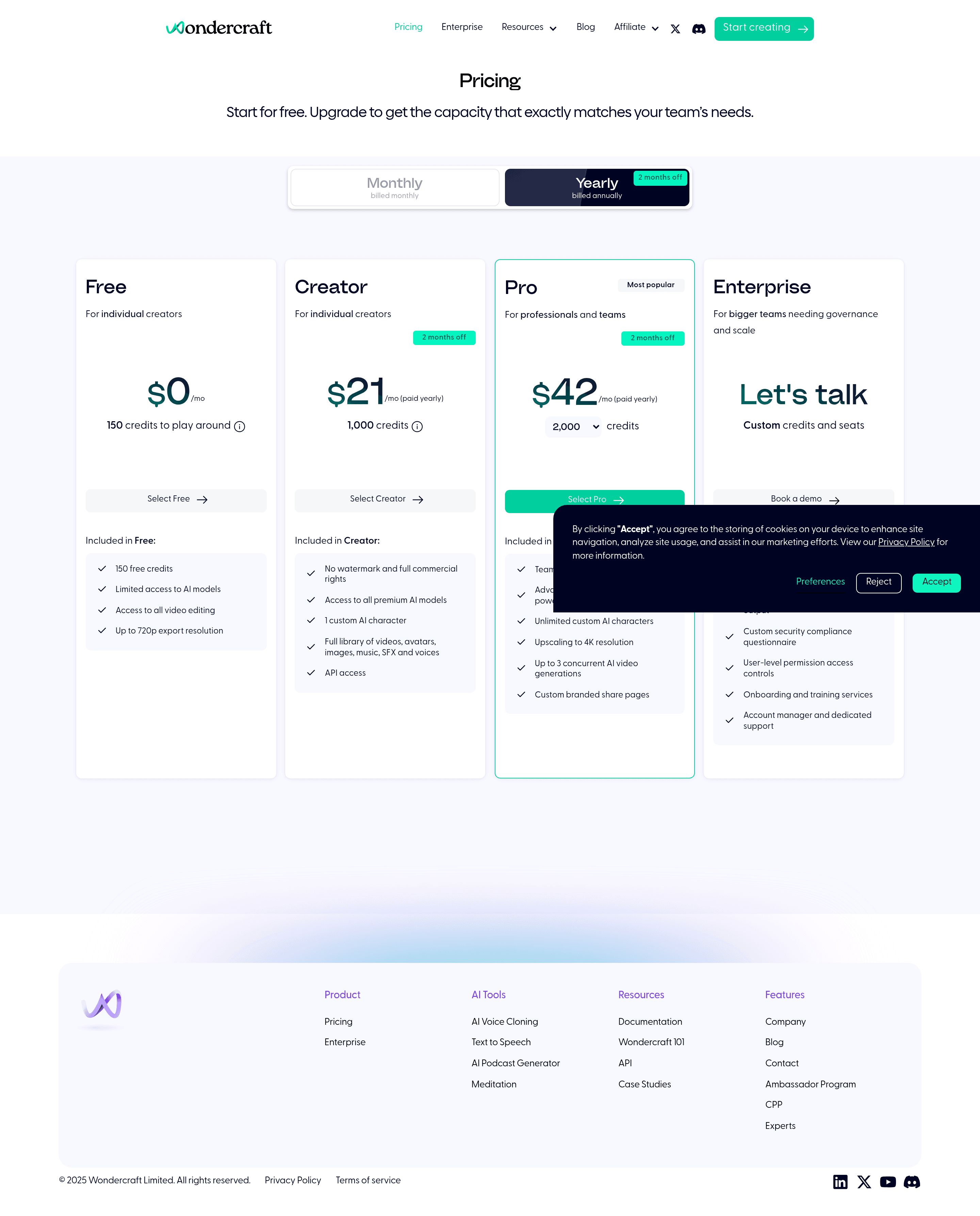 Wondercraft AI pricing page screenshot