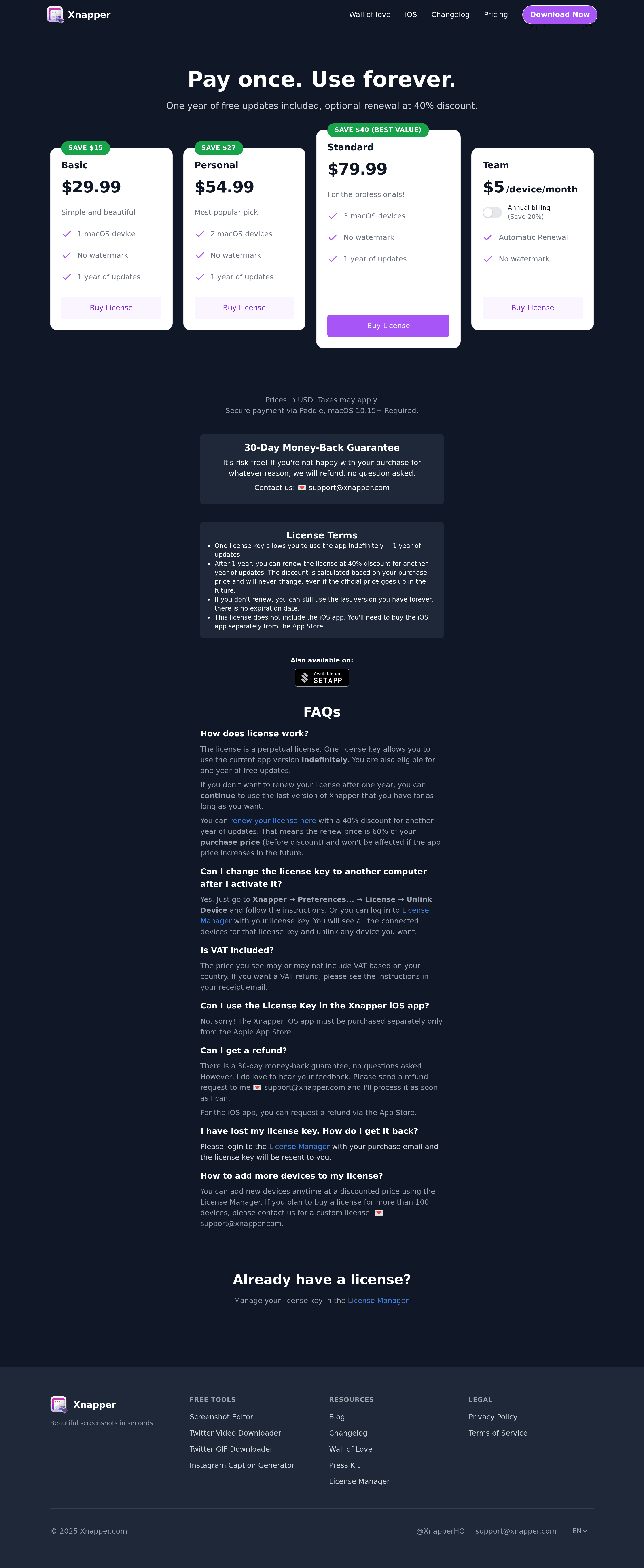 Xnapper pricing page screenshot