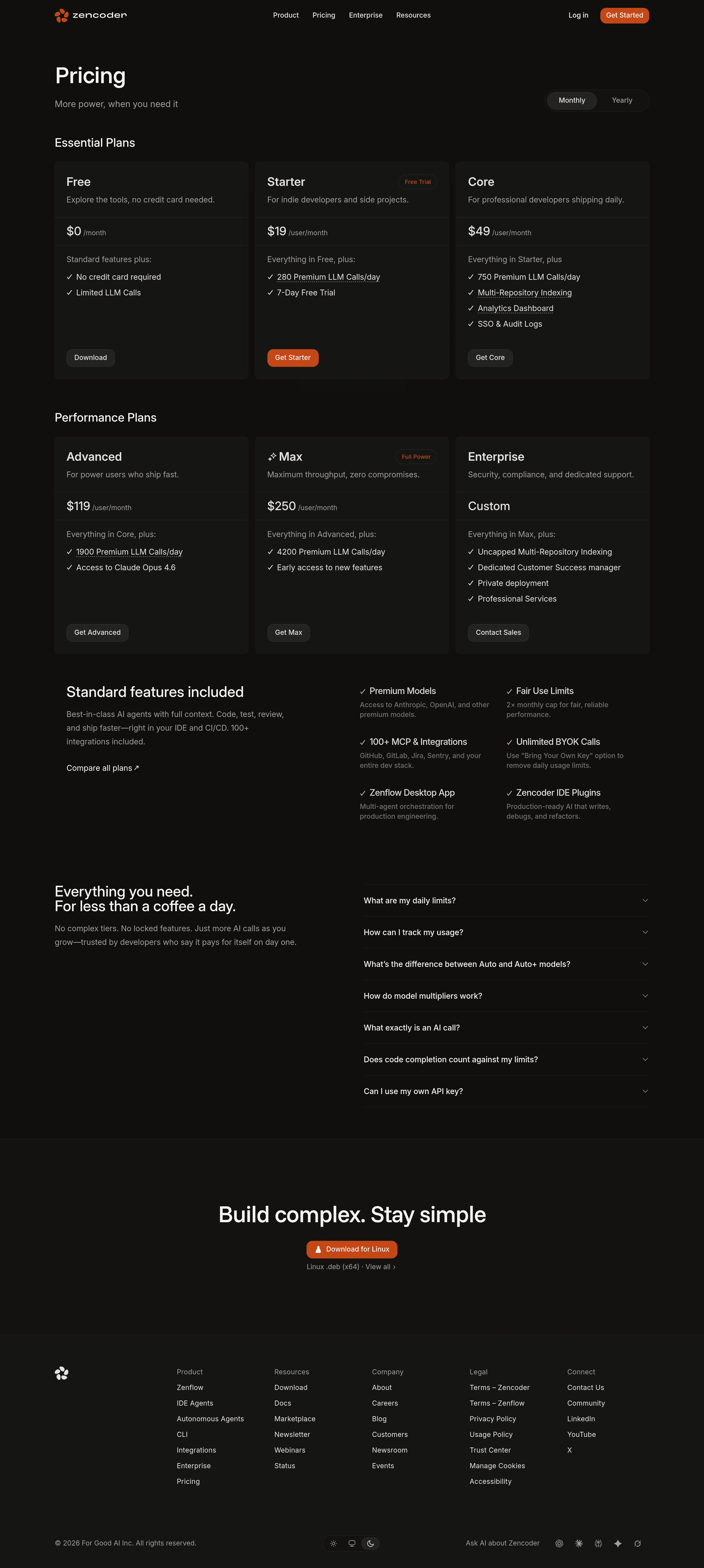 Zencoder pricing page screenshot