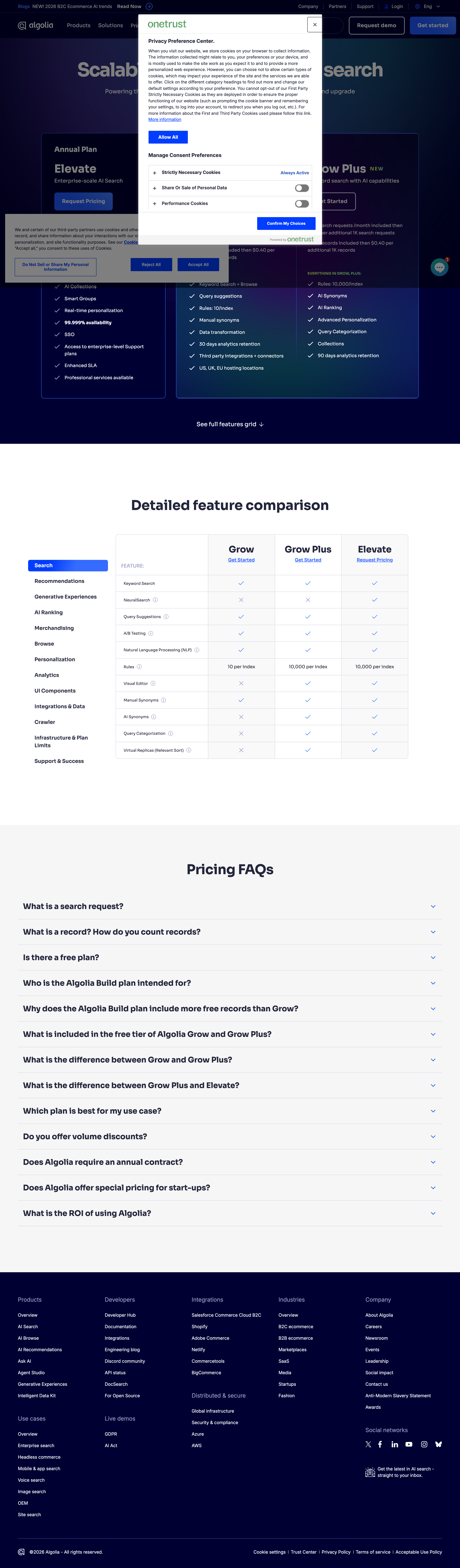 Algolia pricing page screenshot