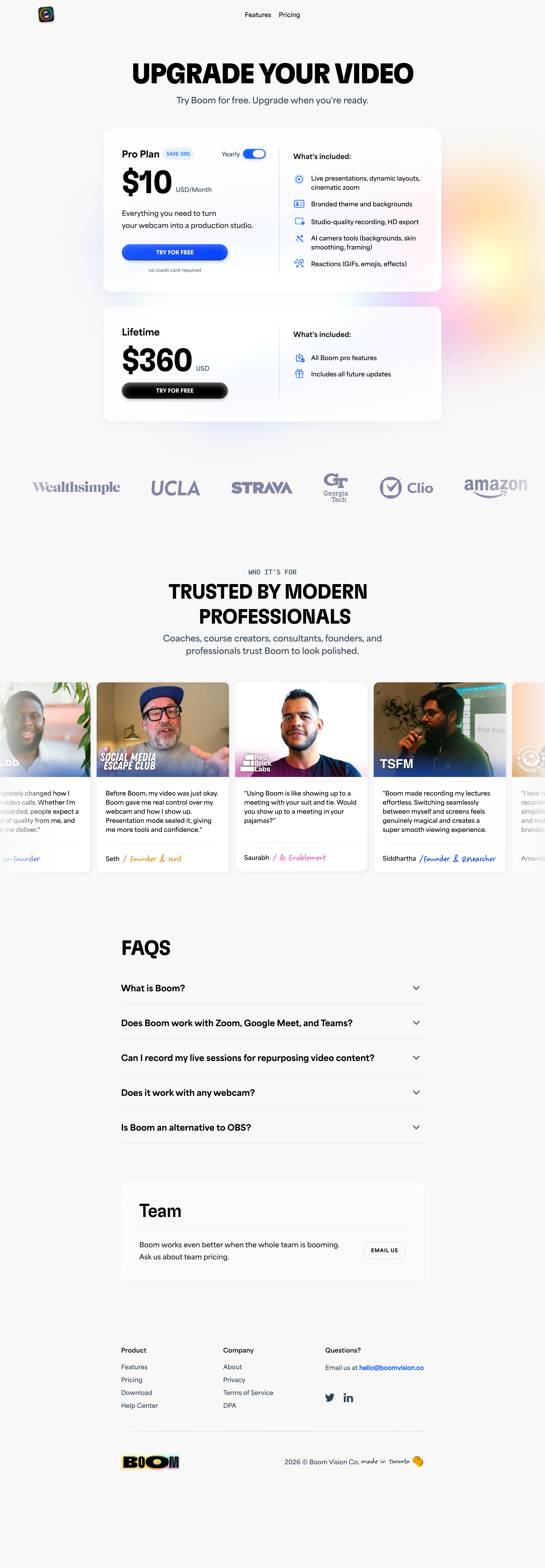Boom pricing page screenshot