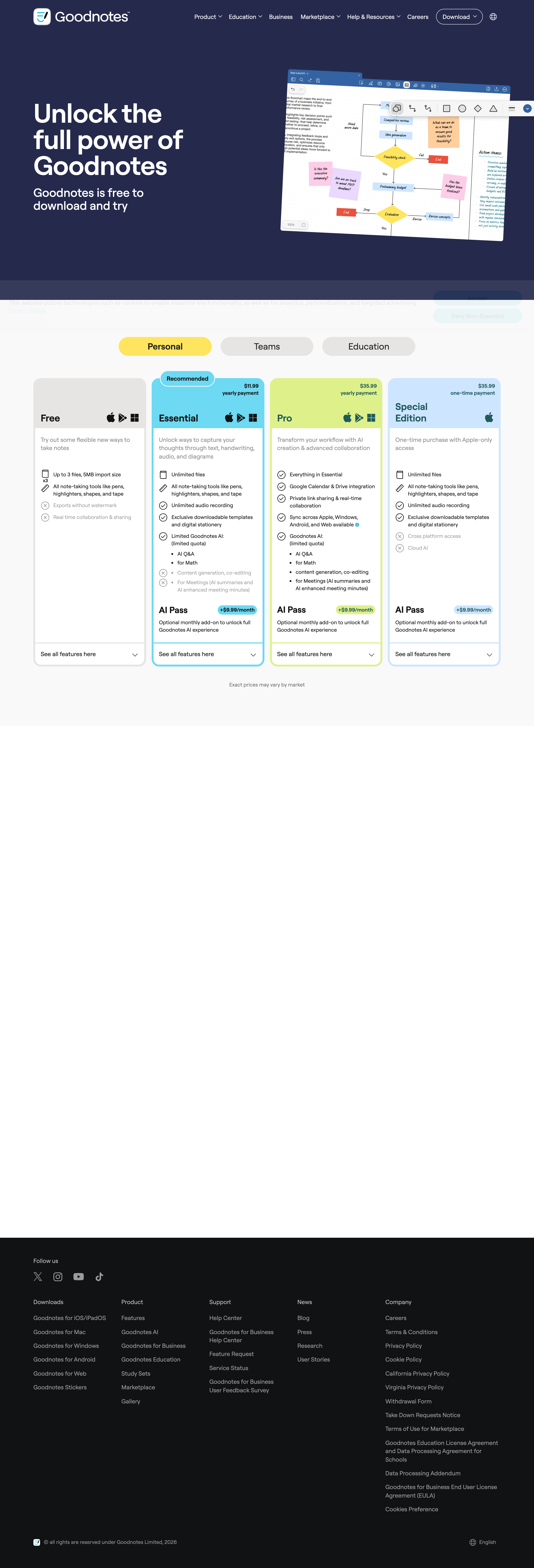 Goodnotes pricing page screenshot