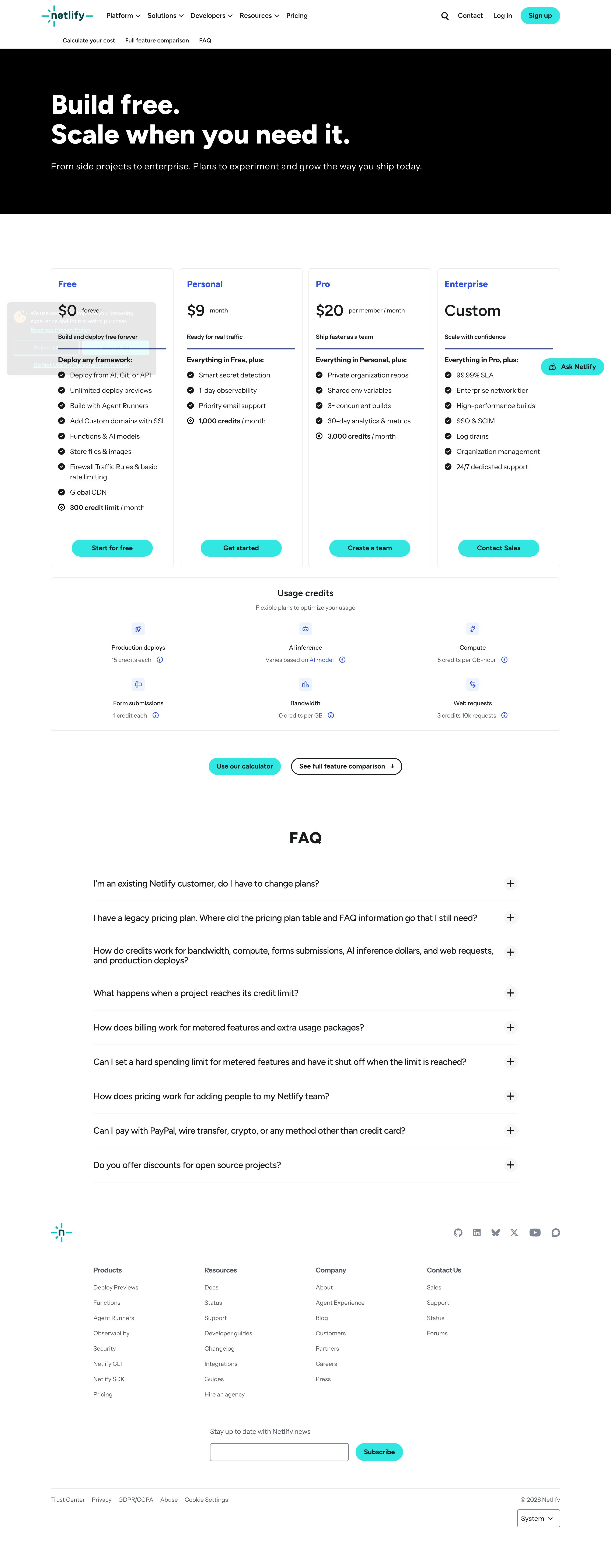Netlify pricing page screenshot