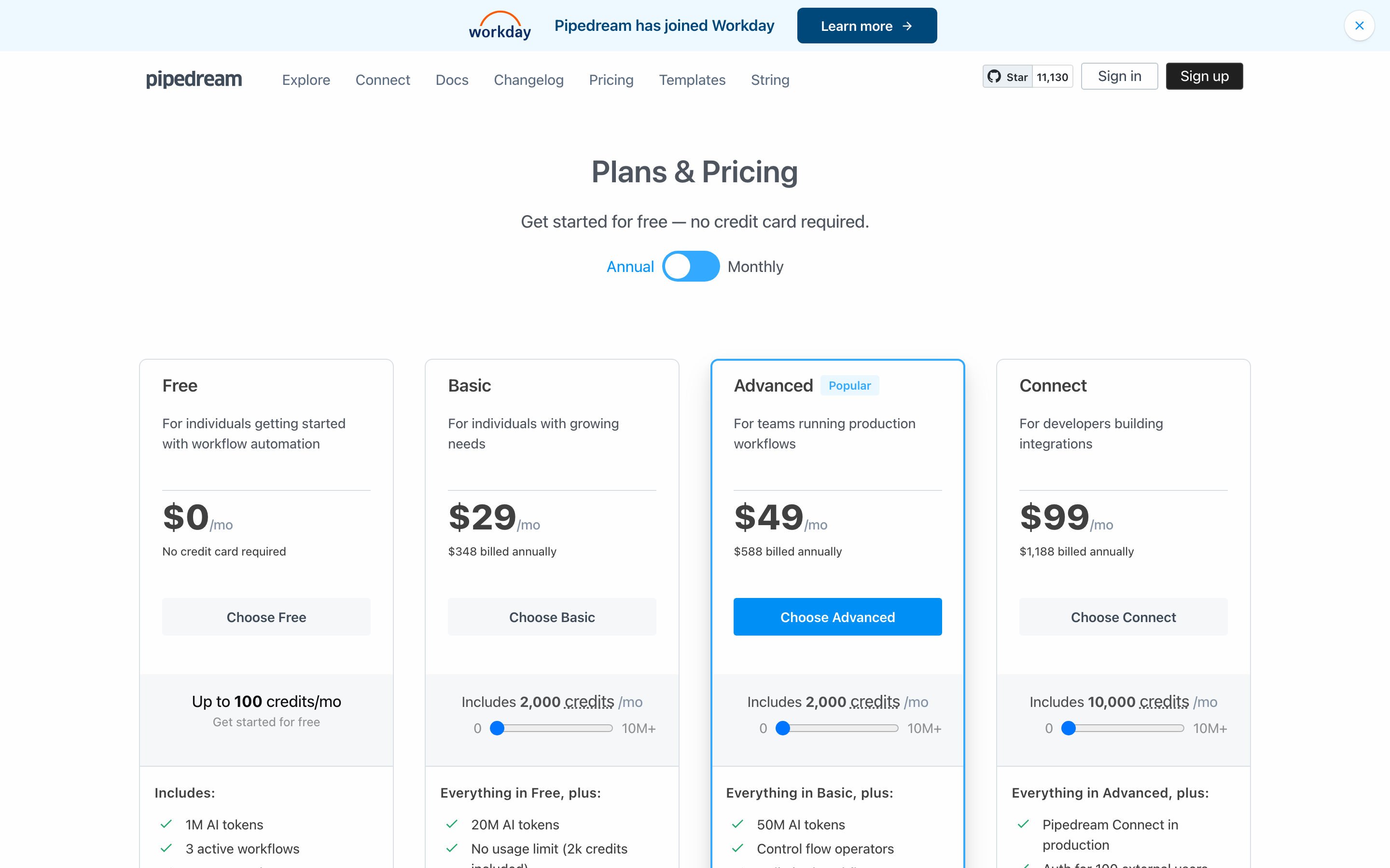 Pipedream pricing page screenshot