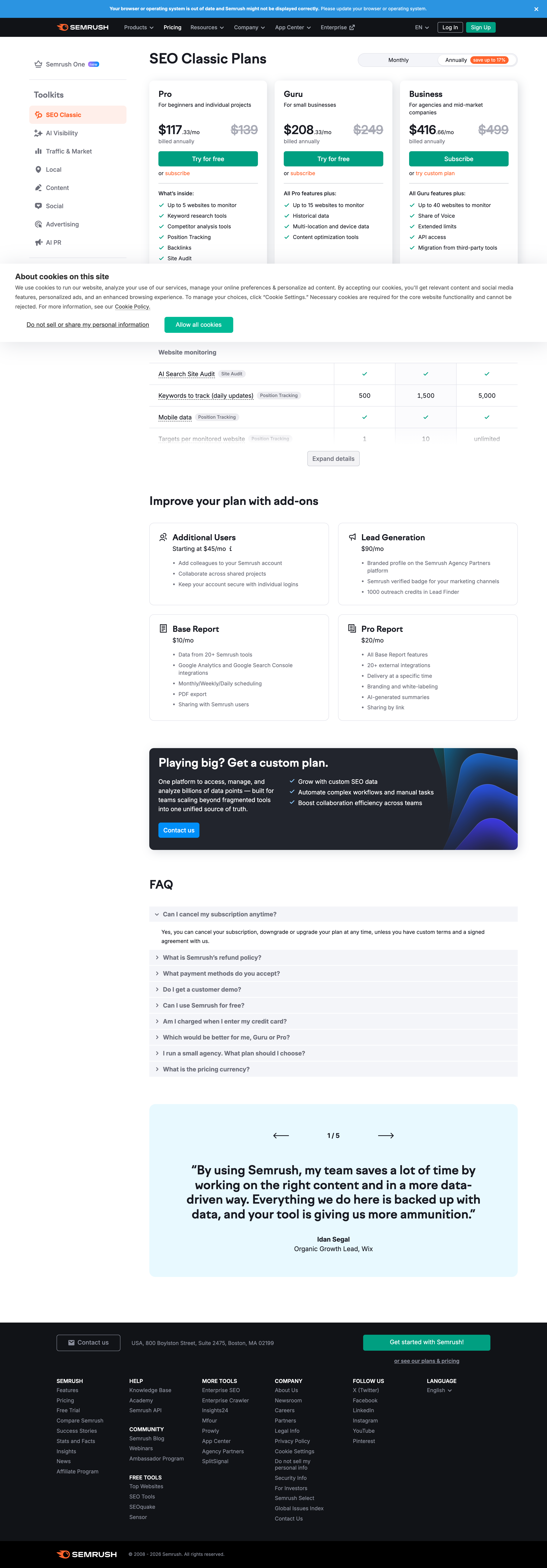 Semrush pricing page screenshot