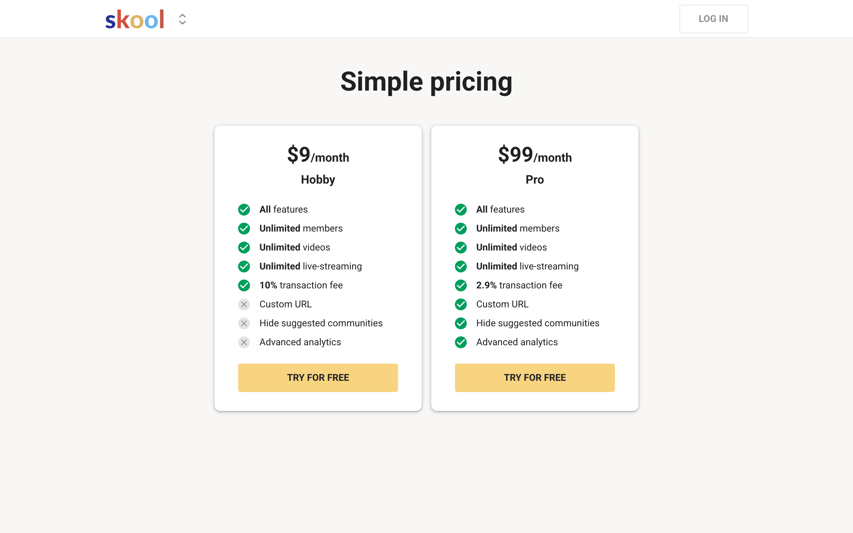Skool pricing page screenshot