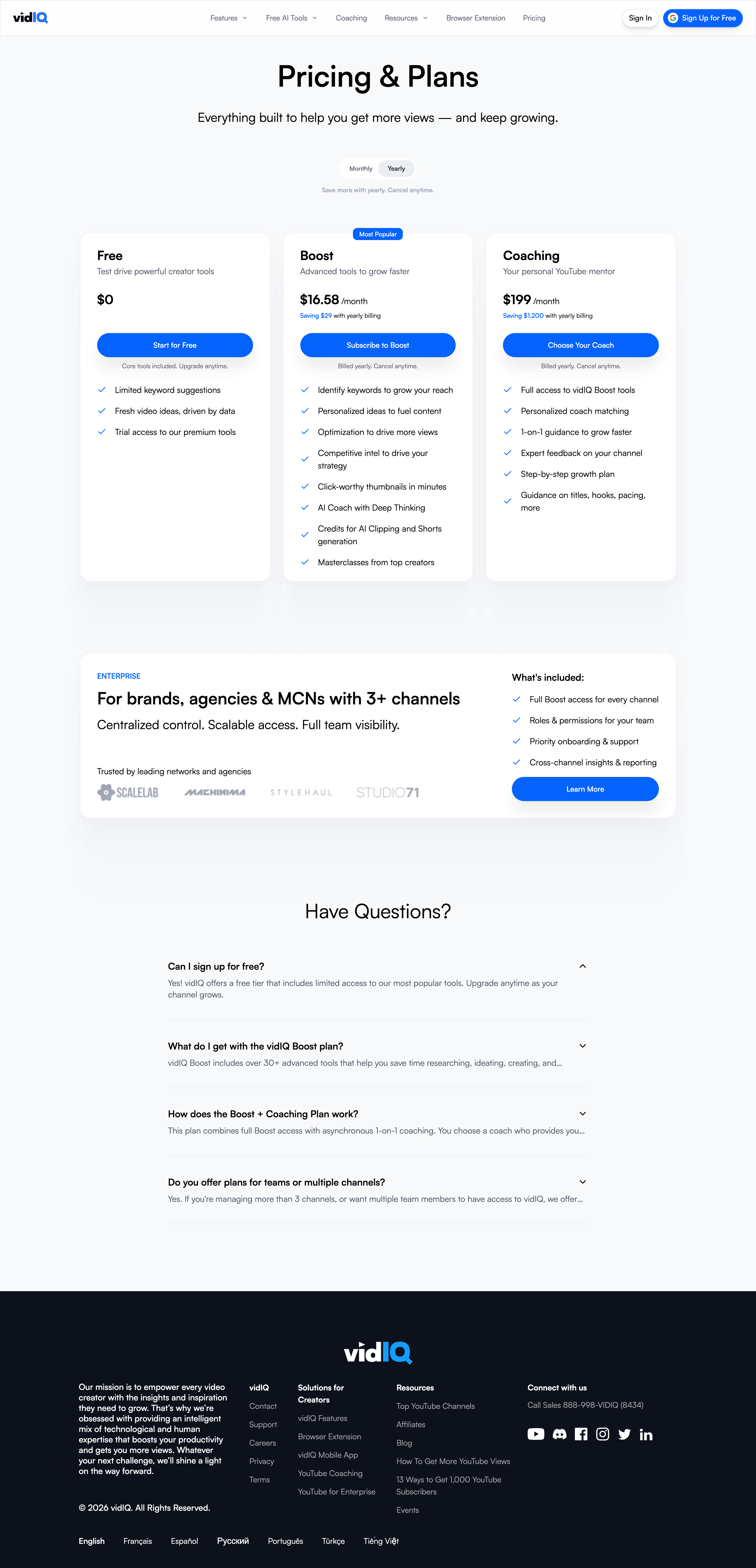 Vidiq pricing page screenshot